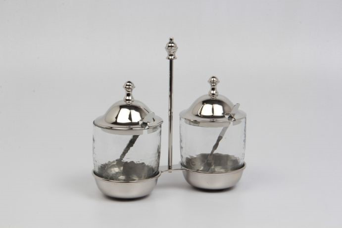 Two jar w/lid & spoon on stand BR/GOLD 21x10x20