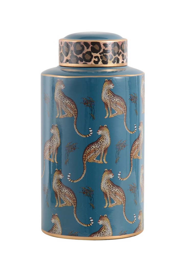 [155-526] CANNISTER 'GUEPARD' BLUE PETROLE PORCELAIN D20x40h