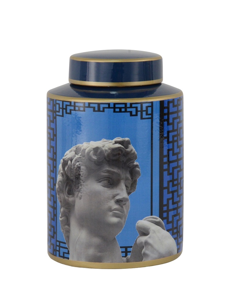 LIDDED JAR 'FIRENZE' WHITE/BLUE/BLACK CERAMIC D17x26h