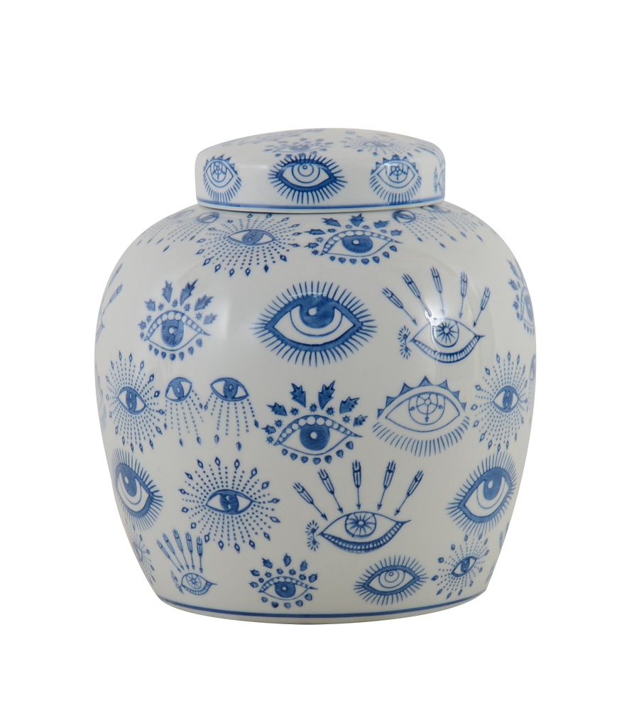 POT W/LID WHITE/BLUE CERAMIC 'MYKONOS' D21x22h