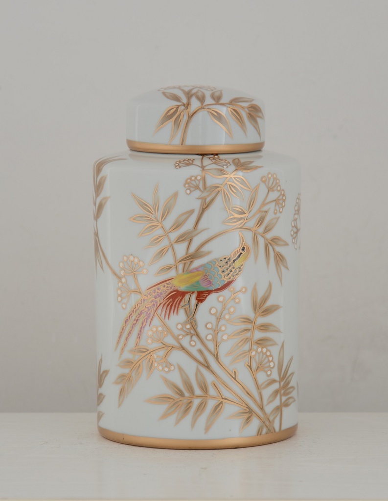 WHITE/GOLD CERAMIC CANNISTER 'TROPICAL' D18x30h