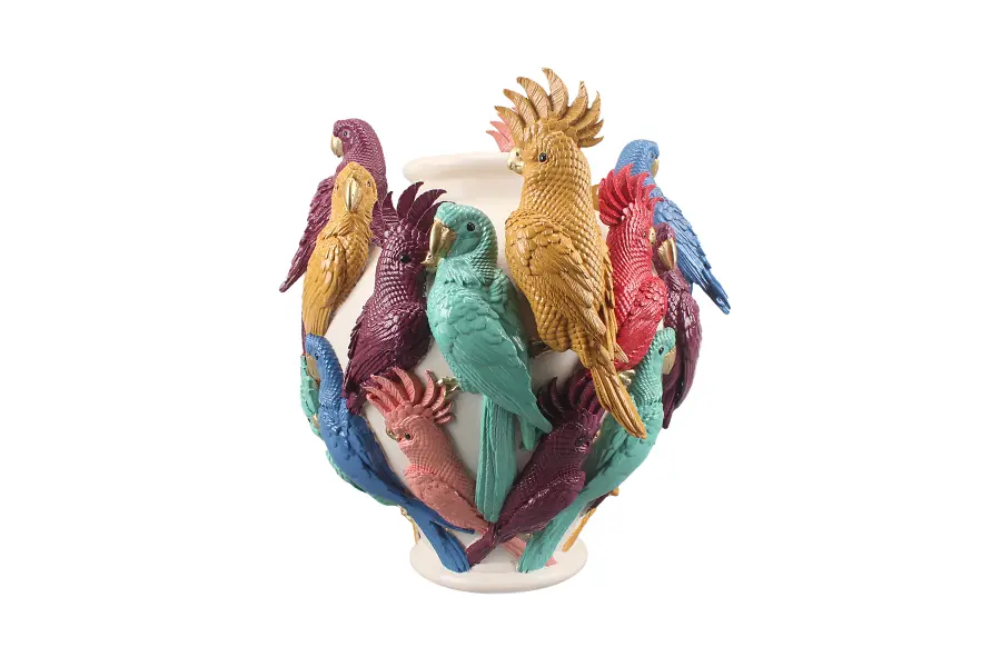 WHITE RESIN VASE WITH MULTI COLOUR PARROT 30h