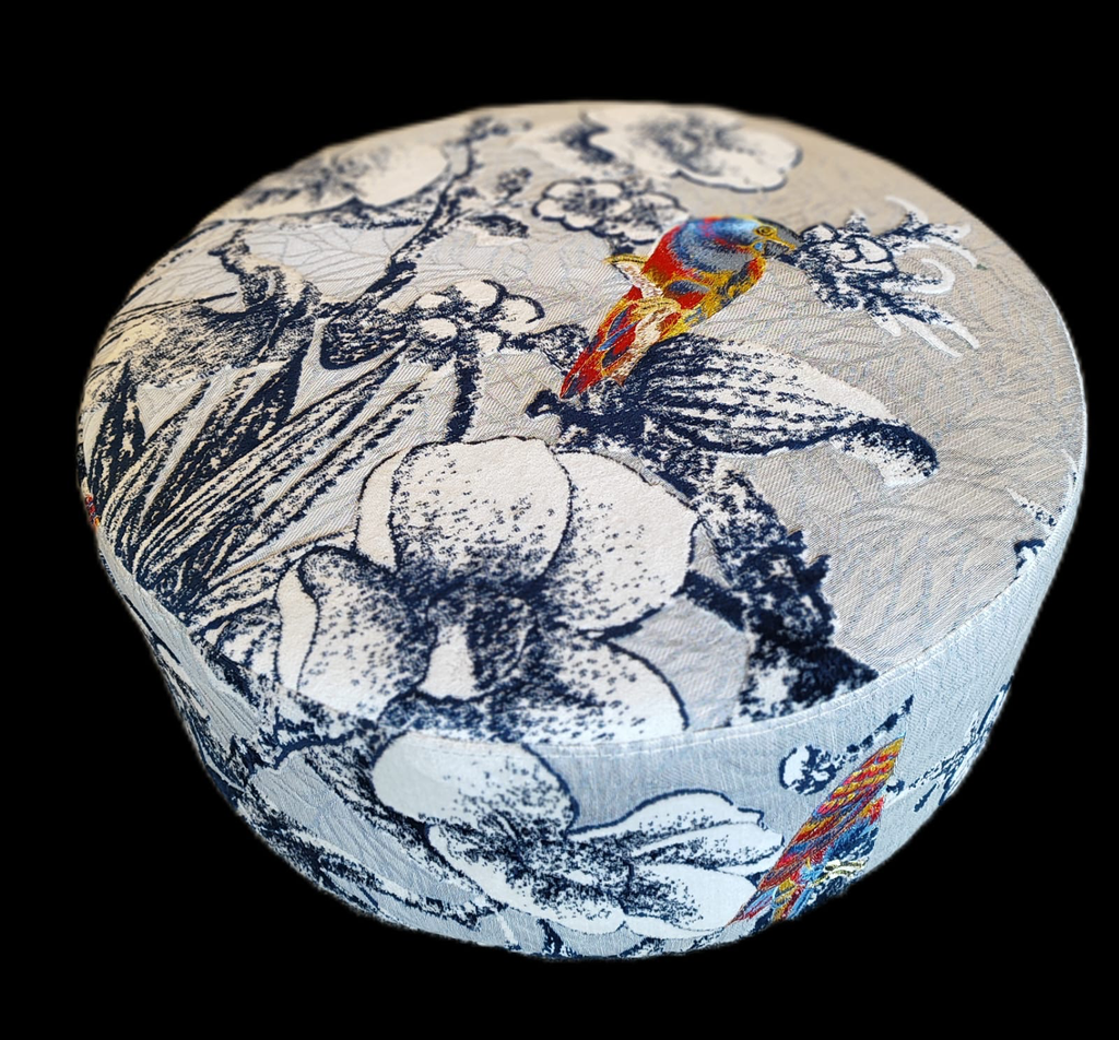OTTOMAN 'MAMBO' BIRDS BLUE/GREY FABRIC D60x30h