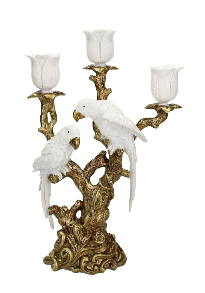 [345-416] CANDLEHOLDER 3 LIGHTS 'PARROT' WHITE/GOLD RESIN 37,5h