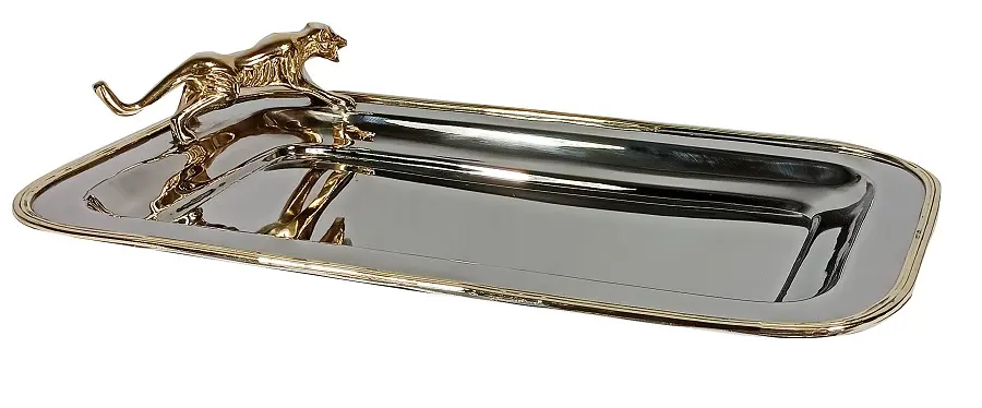 RECT.TRAY IN NICKEL/GOLD 'JAGUAR' 36x27cm