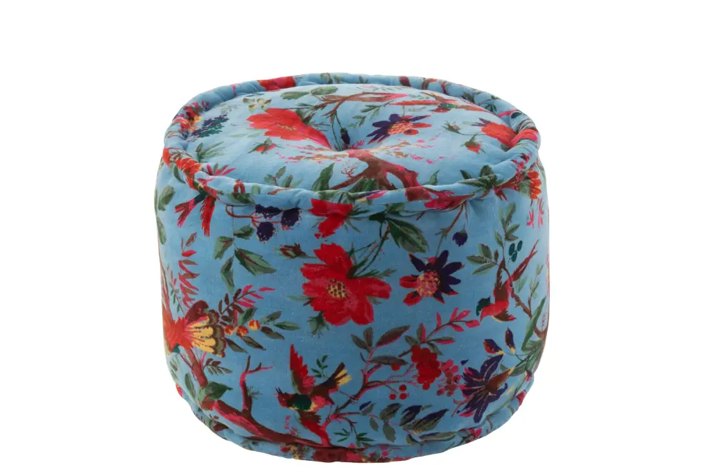 POUF RD BIRDS/FLOW COT VELV BL (40x40x30cm)