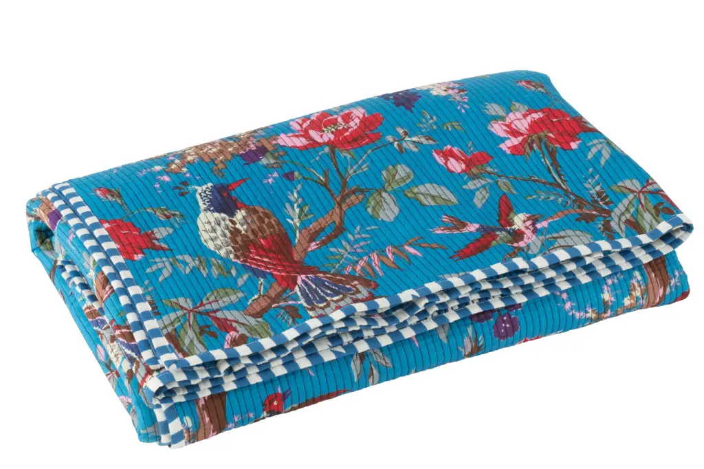 PLAID BIRDS/FLOW COT VELV BL (130x180x1cm)