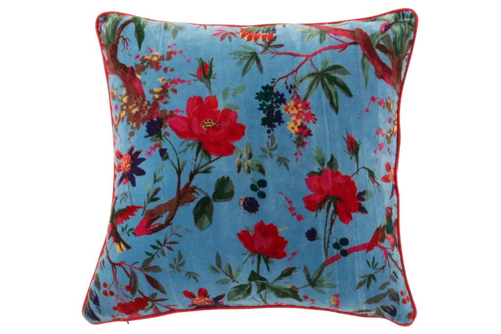 CUSHION BIRDS/FLOW COT VELV BL (45x45x15cm)