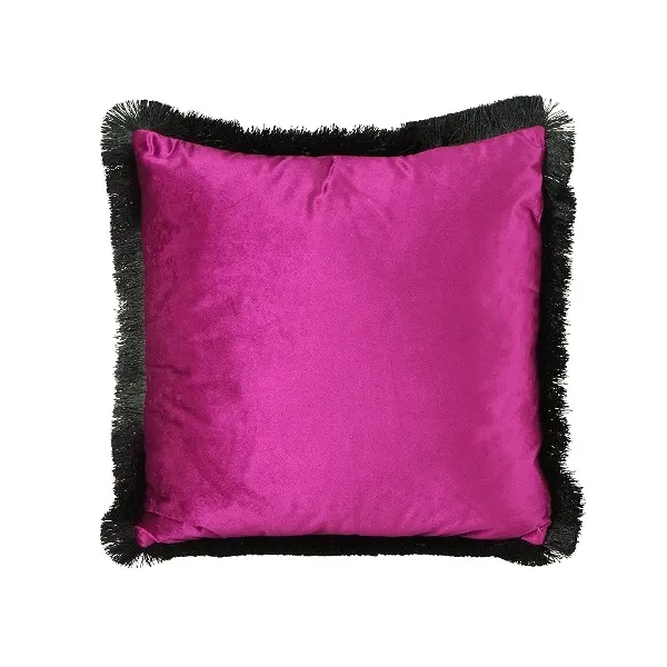 [53192] Cushion w. fringes, purple/black 100% polyester, 45x45cm