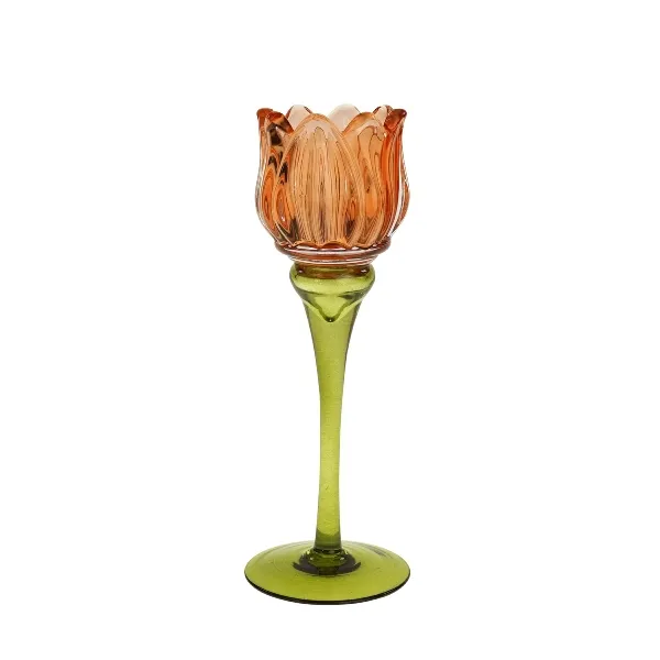 [55630] Candle holder tulip, orange glass, 8x21.5cm