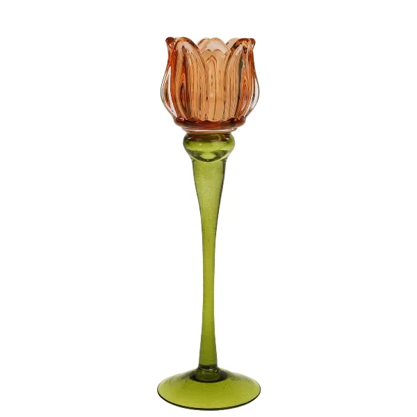 [55631] Candle holder tulip, orange glass, 8x26cm