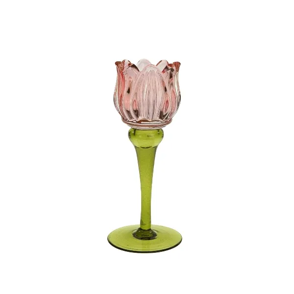 [55626] Candle holder tulip, pink glass, 8x18.5cm