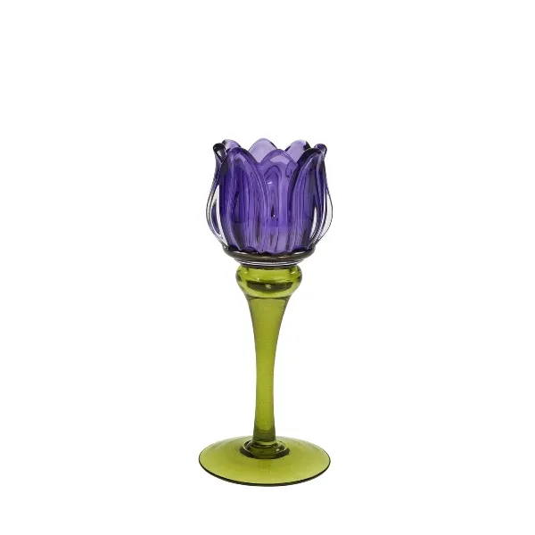 [55620] Candle holder tulip, purple glass, 8x18.5cm