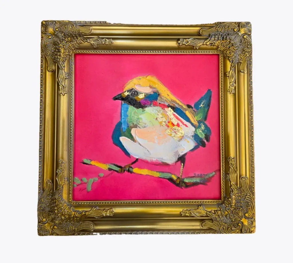 Painting Birdy, neon pink acryl on canvas,42x42 cm