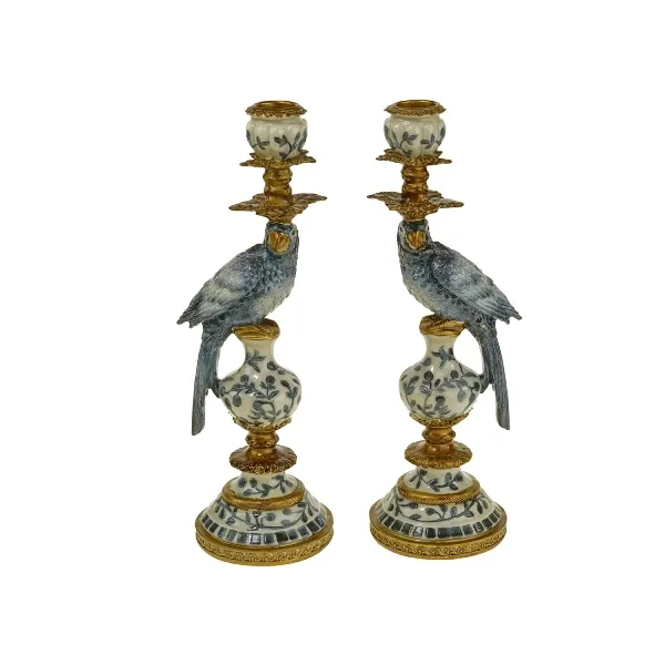 Candle holder parrot 2 set., blue polyresin, 9x9x28 cm