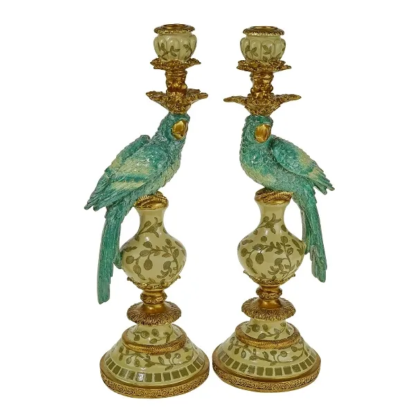 [54384] Candle holder parrot 2 set., turquoise polyresin, 14x13x39.5 cm