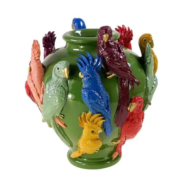 [56671] Vase w. parrots, green polyresin, 23x23x26cm