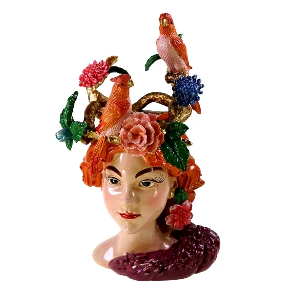 Vase woman's head w. parrots polyresin, 21x21x35cm