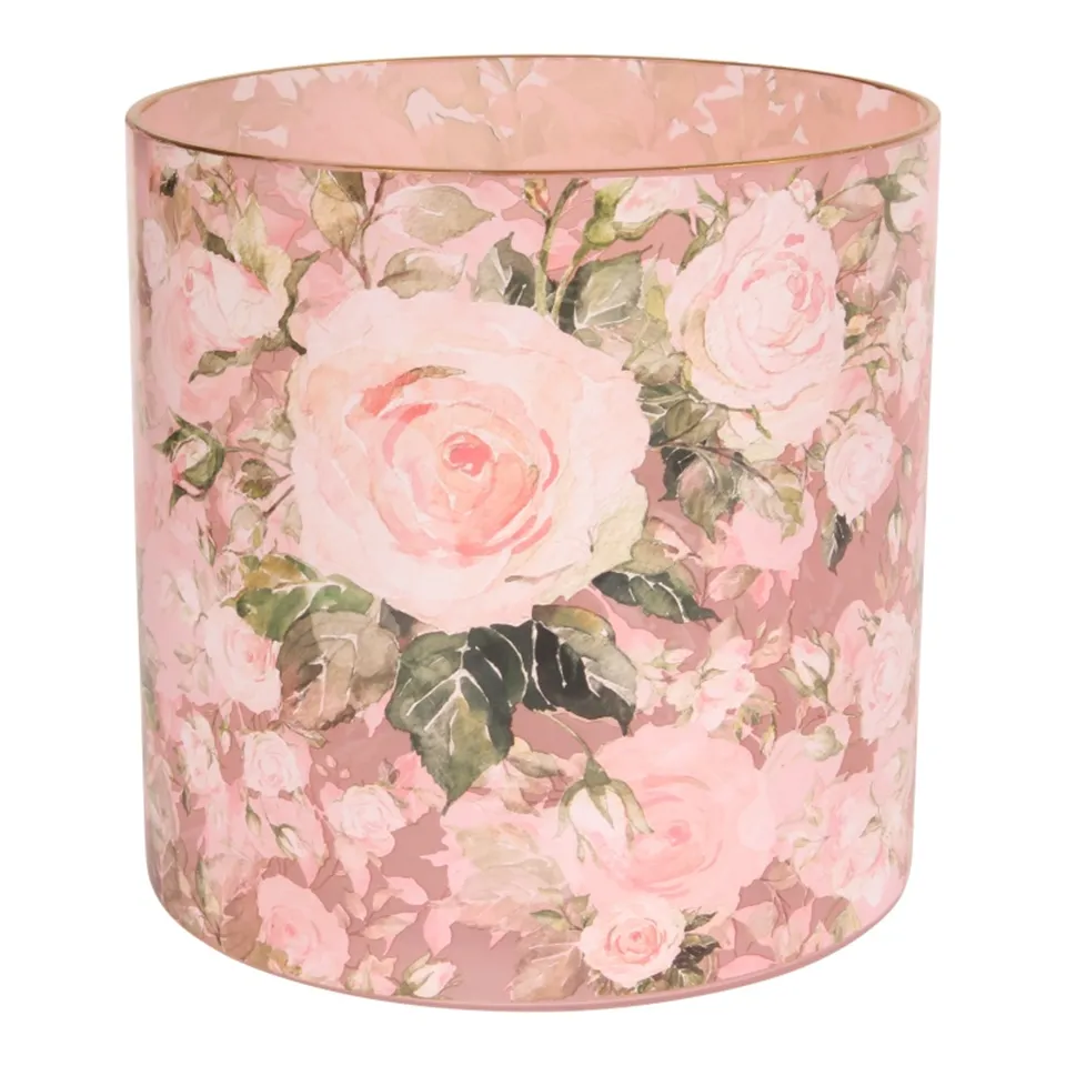 [12438700] Flower Print Tealight Holder 15x15x15 cm - Pink - Glass