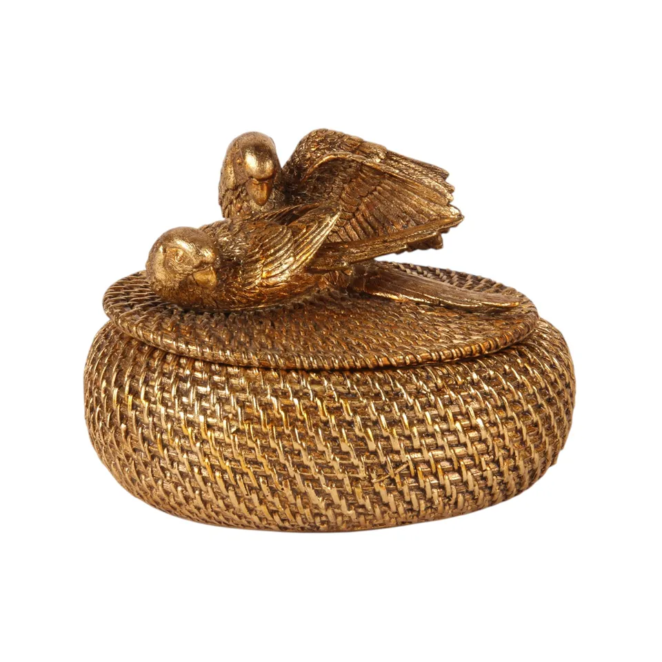 Storage Box with Lid 19 cm - Gold - Resin Dim (cm, HxWxD): 19x15.5x14