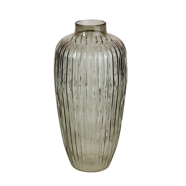 [51669] Vase, fluted, grey glass, 16x35cm integrally colored glass