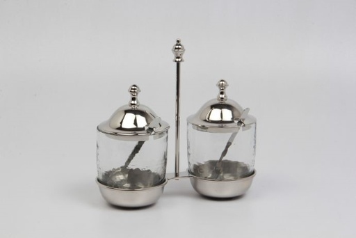 [060-20-146-GOLD] Two jar w/lid & spoon on stand BR/GOLD 21x10x20
