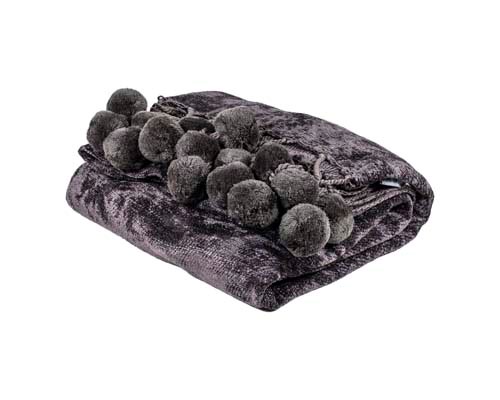 [352-19-014] Throw light grey w/pompom VI/CO 170x130