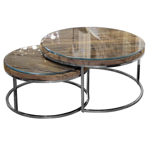 [371-20-016] Coffee table SET/2 reclaimed wood w/glass 92x92x46/71x71x37