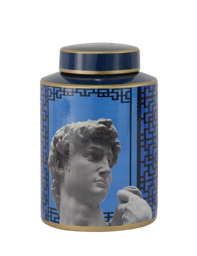 [155-579] LIDDED JAR 'FIRENZE' WHITE/BLUE/BLACK CERAMIC D17x26h