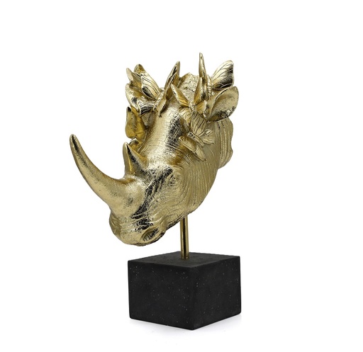 [325-735] RHINOCEROS HEAD + BUTTERFLIES GOLD RESIN 33x24x43,5h