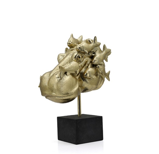 [325-736] HIPPOPOTAMUS HEAD + FISH GOLD RESIN 33x21,5x45h