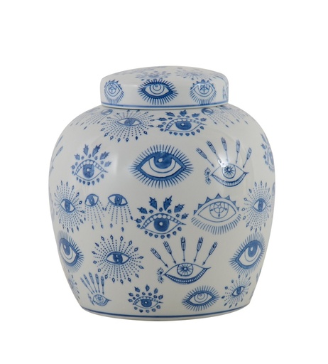 [155-554] POT W/LID WHITE/BLUE CERAMIC 'MYKONOS' D21x22h