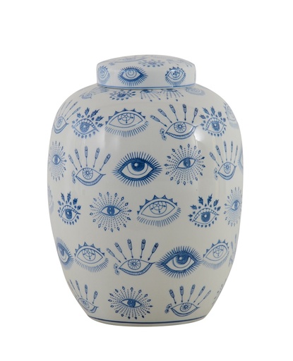[155-555] POT W/LID WHITE/BLUE CERAMIC 'MYKONOS' D23x32h