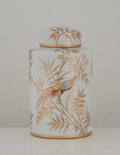 [155-625] WHITE/GOLD CERAMIC CANNISTER 'TROPICAL' D18x30h