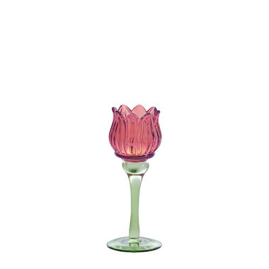 [7774294] Tealight on base Ø8x19 cm FLOWER glass pink+green 