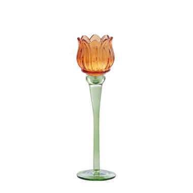 [7774490] Tealight on base Ø8x27 cm FLOWER glass orange+green 