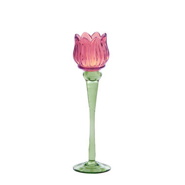 [7774494] Tealight on base Ø8x27 cm FLOWER glass pink+green 