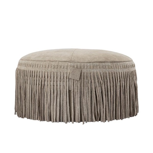 [715930] Eleora Taupe suede leather pouf fringes round S 50.0 x 25.0 x 50.0 cm