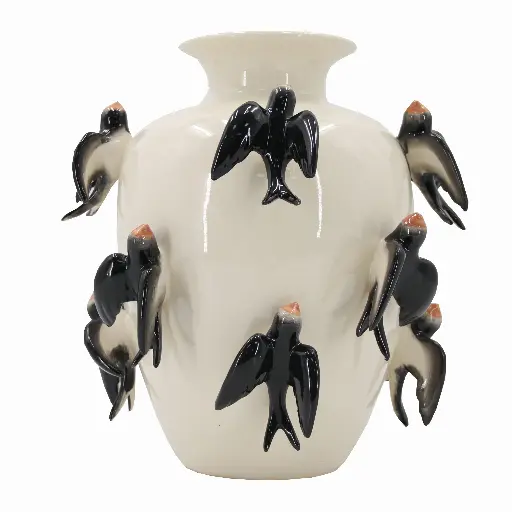 [39168] Vase Black Birds White/Black Ø34x35