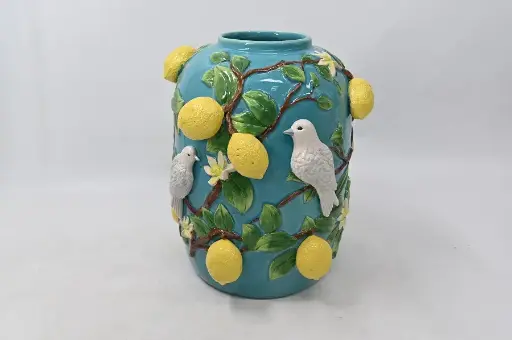 [270-705] BLUE CERAMIC VASE 'LEMON+BIRDS ' D30x35h