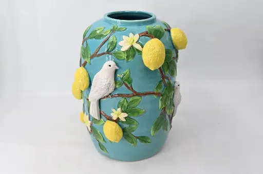 [270-706] VASE BLUE CERAMIC 'LEMON+BIRD' D33x40h