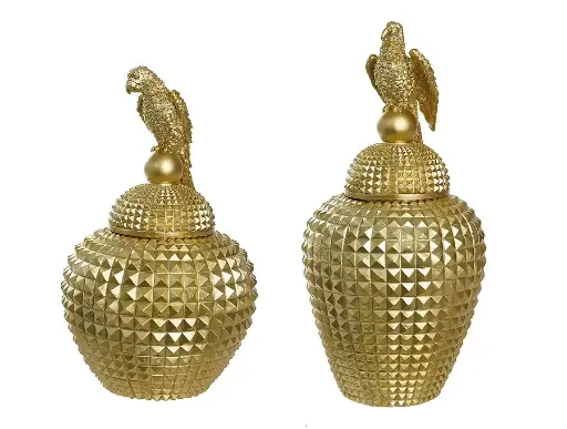 [325-137] S/2 ASS.GOLD MAT RESIN BOXES WITH PARROT MAT GOLD