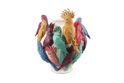 [345-420] WHITE RESIN VASE WITH MULTI COLOUR PARROT 30h