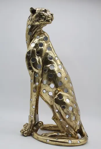 [325-836] LEOPARD SITTING IN ANT.GOLD RESIN+MIRROR 60h