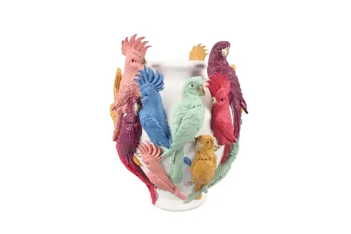 [345-421] WHITE RESIN VASE WITH MULTI COLOUR PARROT 45h