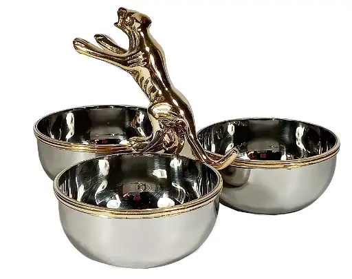 [690-912] PEANUTS DISH 3 COMPELLS IN NICKEL/GOLD 'JAGUAR' D21x15h